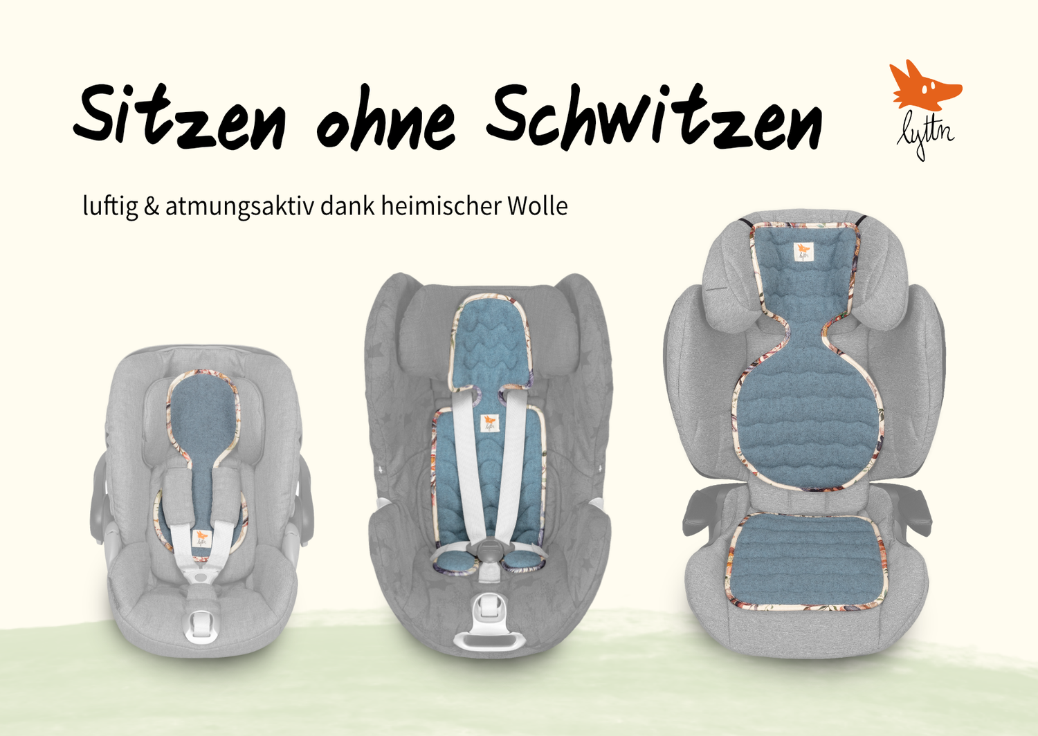 drei Kindersitze in verschiedenen Größen mit passenden Sitzauflage von lyttn aus heimischer Wolle für ein Sitzen ohne Schwitzen
